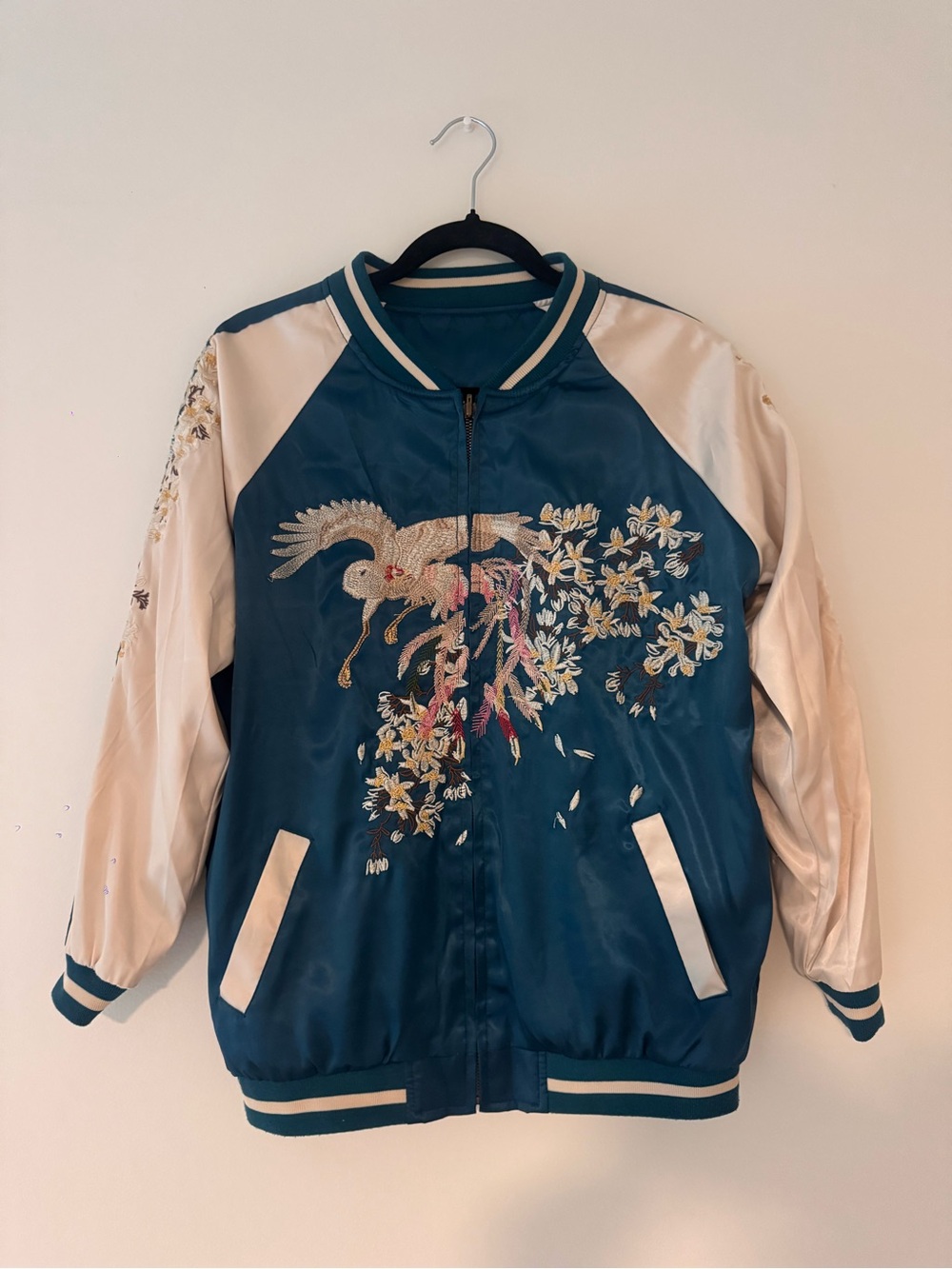 Women’s Reversible Embroidered Floral Satin Bomber Jacket - Teal & Cream